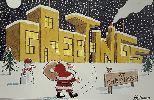 Drawing of Santa walking through the snow to a building that forms the letters 'Greetings' with a wooden sign in front that says 'at Christmas'