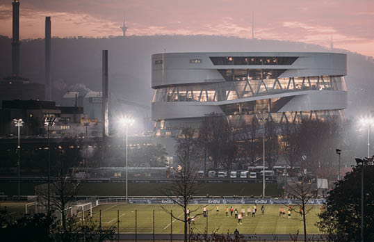Mercedes-Benz Museum in Germany with a football pitch in the foreground