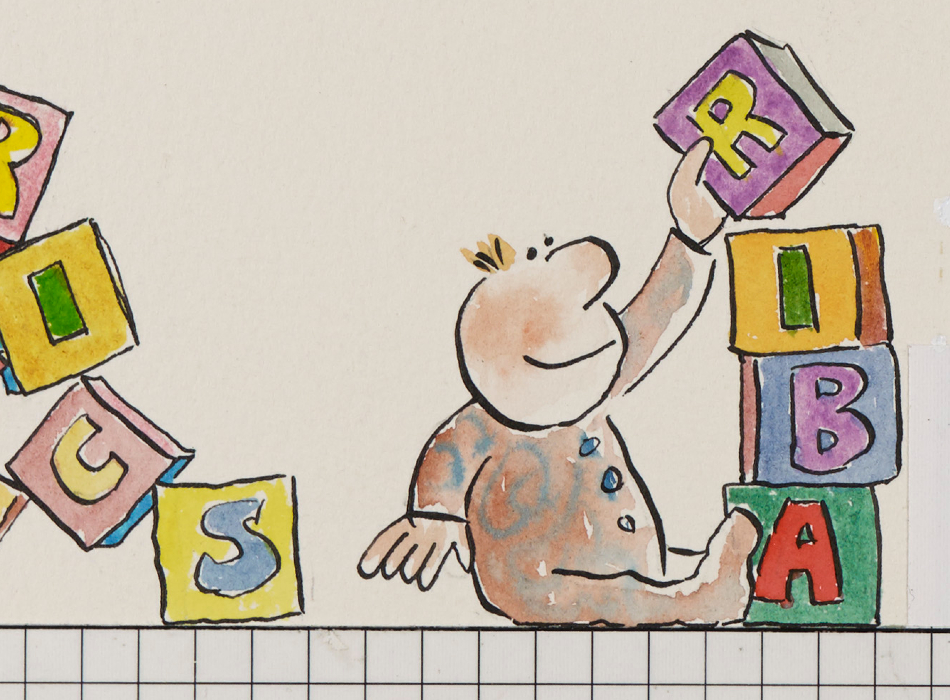 Illustration of baby playing with wooden blocks spelling our RIBA