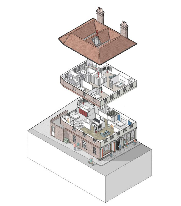 Exploded diagram of a building with various aspects of work