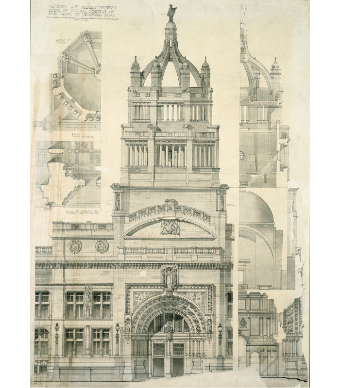 Presentation elevation sections and details of the central portion of the main entrance front to the