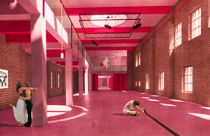 Rendering of a pink coloured gymnasium with people embracing by Georgie Granthamjpg
