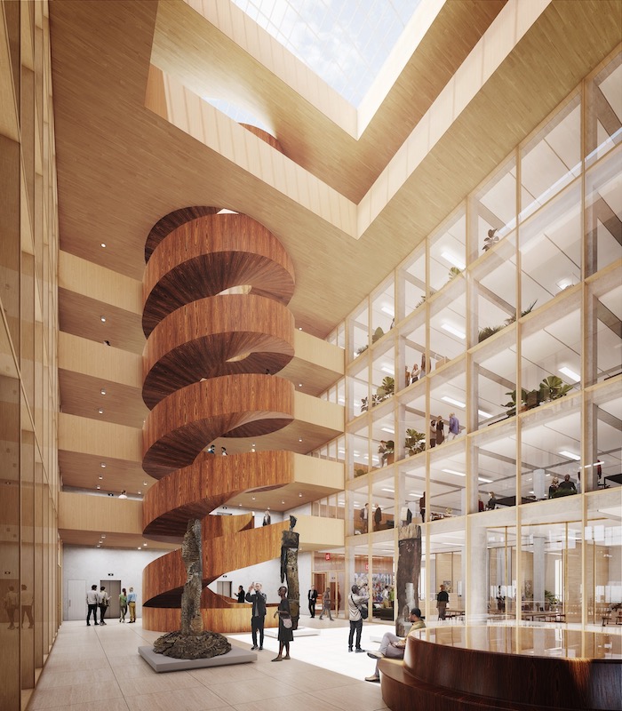 CGI image of a open concept atrium with spiral staircase, open levels and skylight