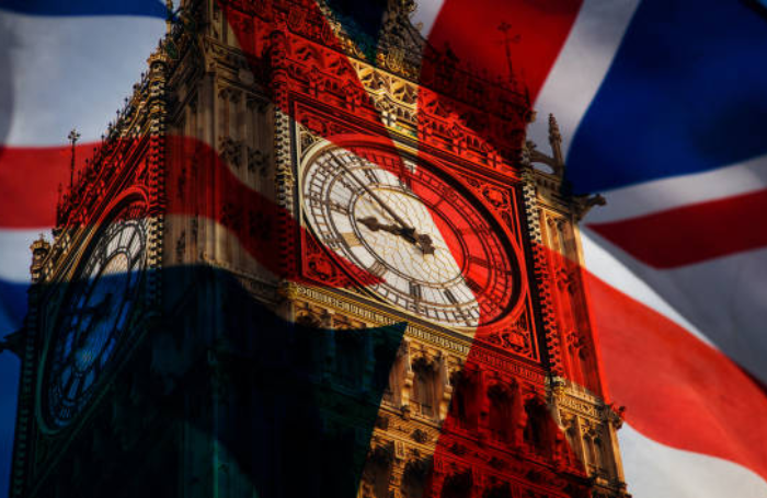Overlay of Big Ben clock and the Union Jack flag