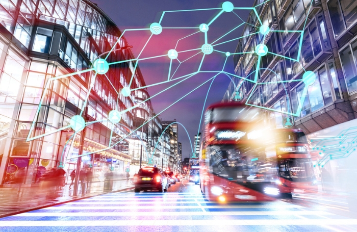 City of London street with red bus and futuristic annotations GC LARGEjpg
