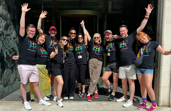 RIBA colleagues in Pride shirts outside 66 Portland Placejpg