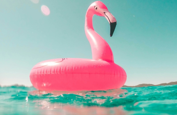 inflatable pink flamingo floating on water GC LARGEjpg