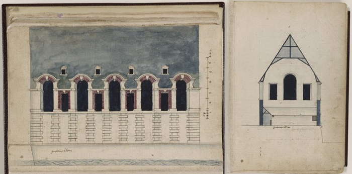 Elevation and section of the real tennis court at Chateau de Fontainebleau drawn by Jacques Gentilha