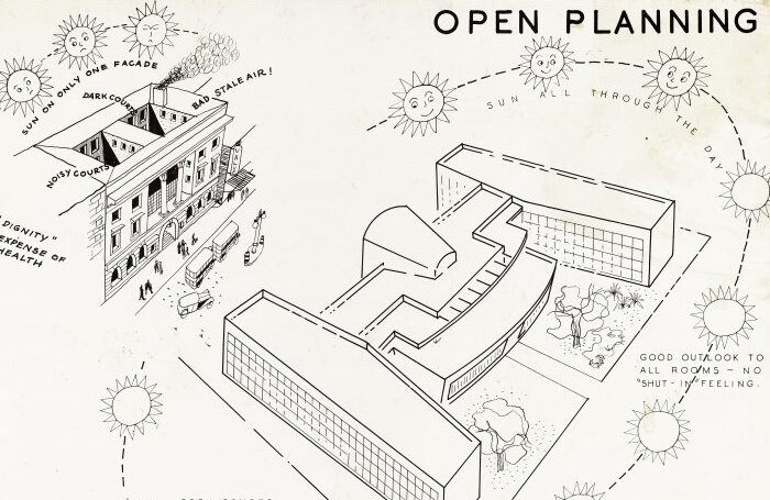 Sketch of a building showing the way sunlight hits the building with the words open planning above.