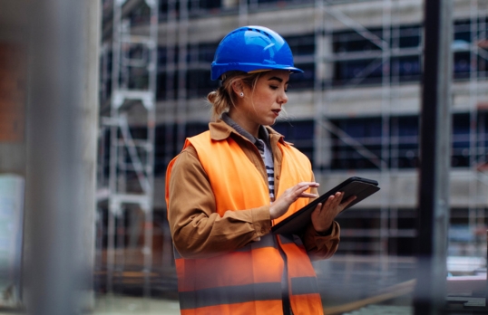 Female architect wearing hard hat and hiviz on a building site with tablet 