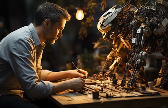 Man facing a robot while over a switchboard table