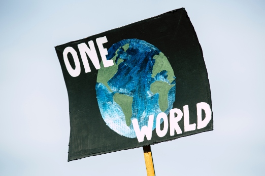 Handpainted sign for a climate protest that says 'one world' with the earth in the middle
