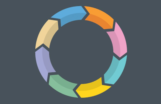 Circle of brightly coloured arrows on a dark grey background