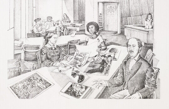 Black and white sketch of Victorian men and women sitting around tables looking at drawings