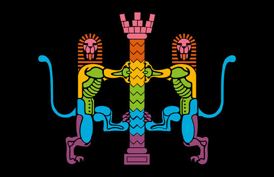 RIBA lion logo in rainbow colours on black background