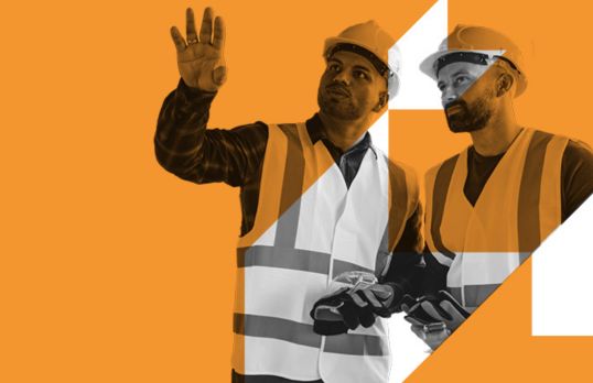 Orange overlay over two construction workers in helmets and hi-vis vests
