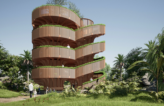 Multi-storey open concept circular building surrounded by palm trees