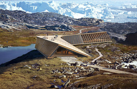 A rendering of the Icefjord Centre in Ilulissat, Greenland surrounded by fjords
