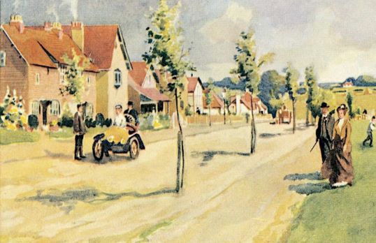 Watercolour illustration of cottages on a tree lined road with people of 1900s dress walking along roadside.
