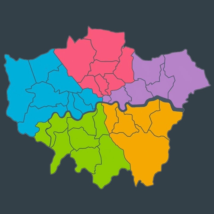 colourful map of London showing five distinct group zones in segments radiating out from central city.