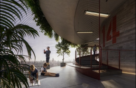 Concept photo showing view out of BT Tower space over london whilst families rest and play in the leafy space with panoramic views.