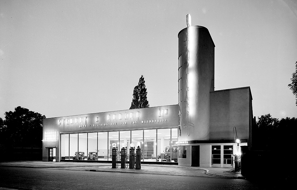Morris House, Stewart and Ardern Limited car showroom and service station, Staines, by night, Architectural Press Archive / RIBA Collections
