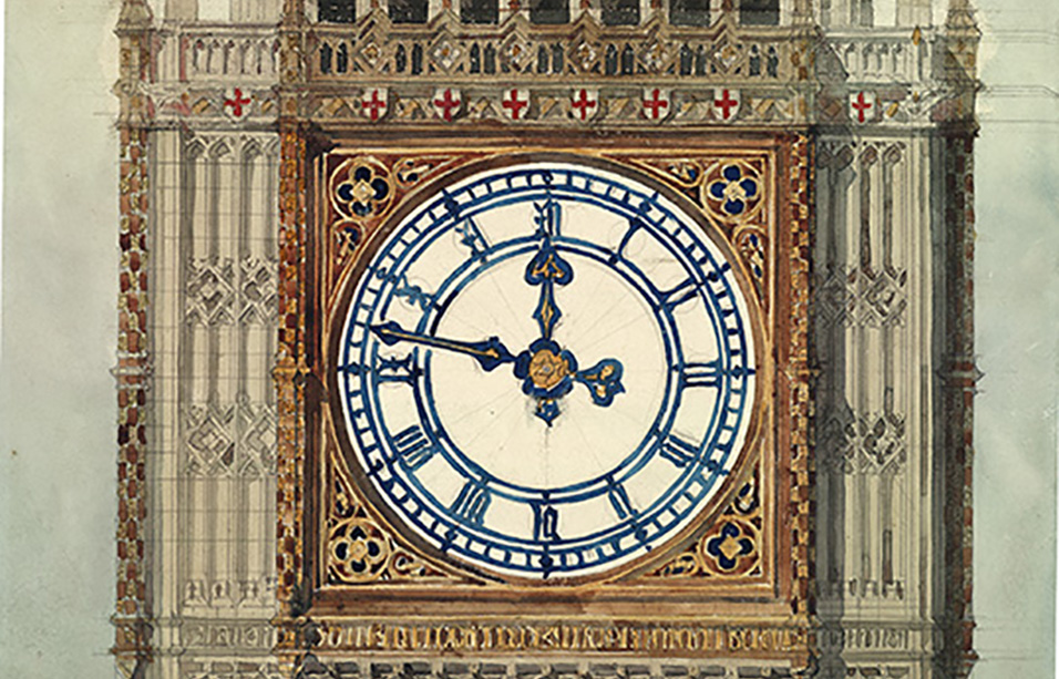 Coloured painting of Big Ben clock with gothic revival architecture and white clock face