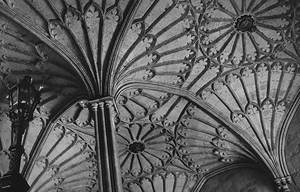 Black and white image of the vaulting of the hall staircase in Christ Church, Oxford