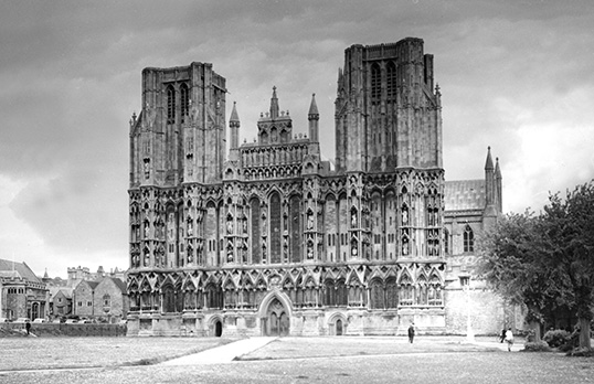 Black and white image of the west front of Wells Cathedral in Somerset