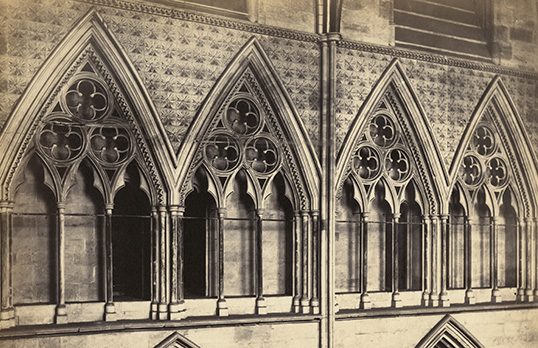 Black and white image of the clerestory of Wells Cathedral in Somerset
