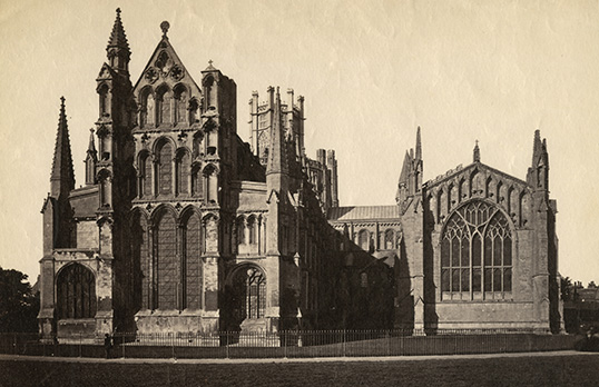 Black and white image of the east end of Ely Cathedral and Lady Chapel on the right