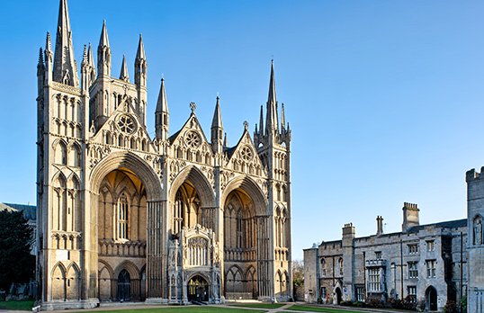 Colour image of the west front of Peterborough Cathedral