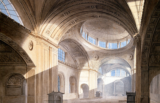 Coloured drawing of an interior neoclassical design with arches, dome ceilings and light streaming through windows