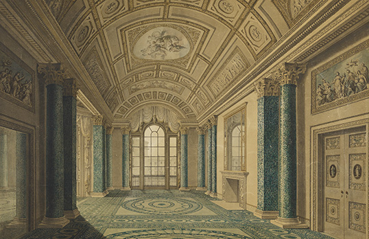 Coloured drawing of a drawing room interior with blue neoclassical columns, with mosaic arched ceiling and flooring