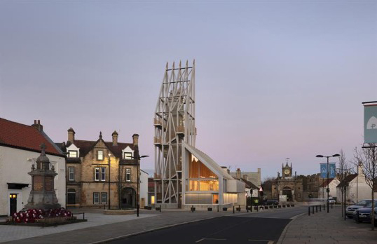 Modern exposed structure tower building in traditional town square