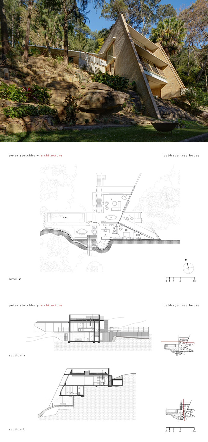 Photo of modern Cabbage Tree House built on a rocky hill with architectural plans below