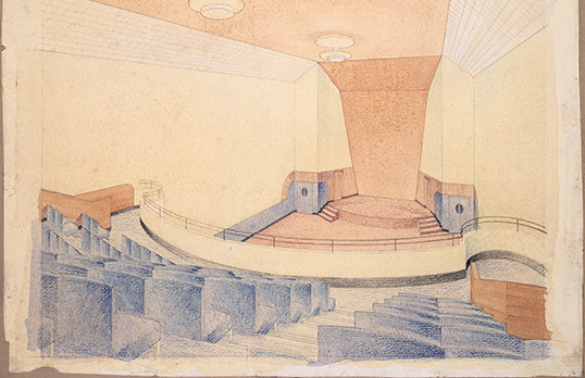 BBC - drawing of the interior of a room with a stage and audience seating
