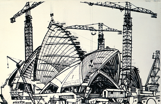 Drawing of Sydney Opera House under construction