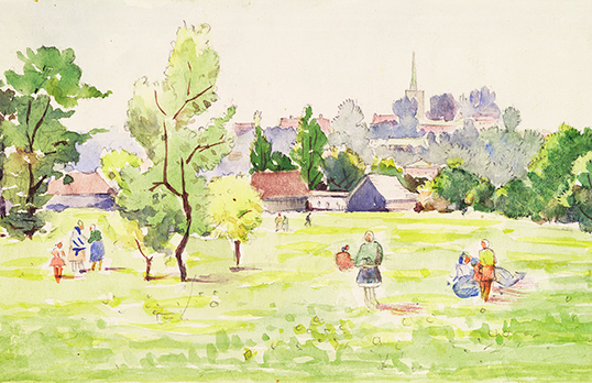 Sketch showing people relaxing in a park with town buildings and a church seen in the distance