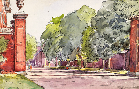 View of a gateway to the public grounds of a stately home or palace possibly in London
