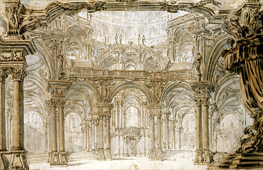 Design for a stage set or a vast hall with a throne