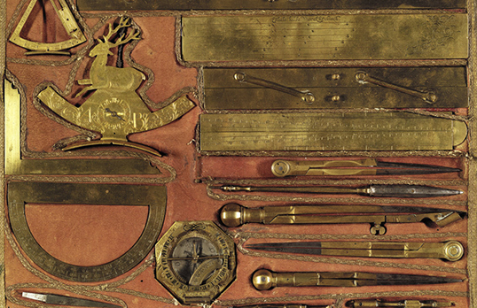Set of brass drawing instruments