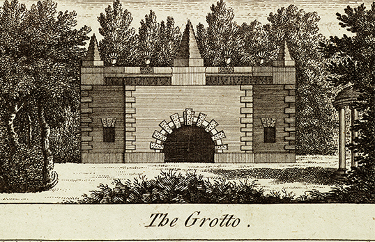 The grotto at Stowe, Buckinghamshire, probably designed by William Kent in the 1730s, in a detail from a plate from the 1769 volume Stowe: a description of the magnificent house and gardens. RIBA Collections