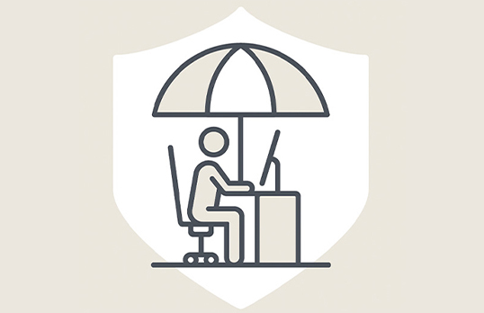Abstract stick figure sitting at a desk with an umbrella overhead against a white shield and beige background