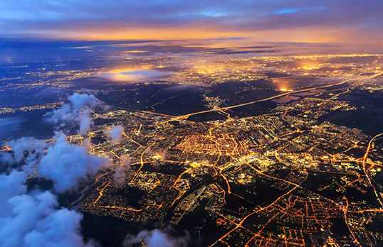 Aerial view of Leiden in the Netherlands at night