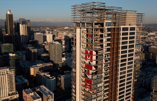 An abandoned and graffiti-covered luxury condominium tower in Los Angeles 