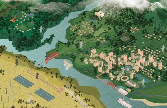 Rendering of a block city with river and mountain 