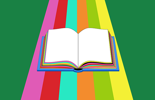 Open book on top of a rainbow graphic in front of a solid green background