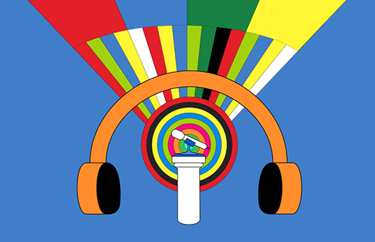Graphic of headphones and microphone with stand on blue background