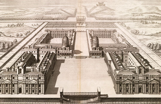 Aerial sketch of the Old Royal Naval College buildings in Greenwich